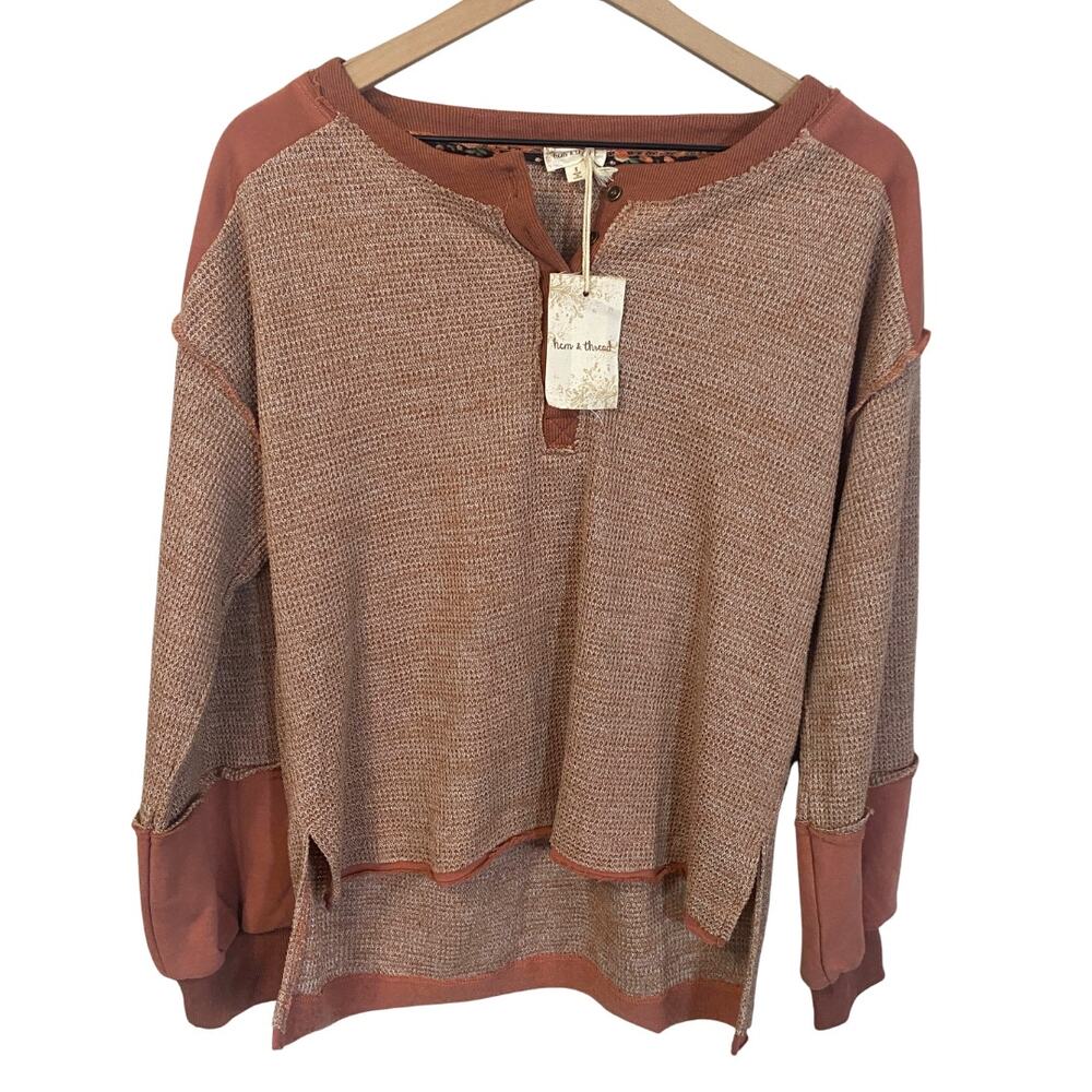 Hem & Thread NWT Rose Henley Button Front Top Sweatshirt Muted Dusty Pink Sz S